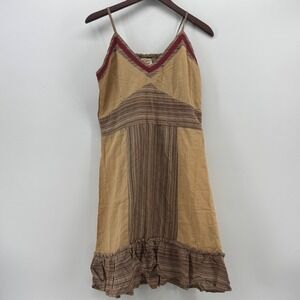 Gypsy Rose Nepal Handcrafted Boho Patchwork Striped Cotton Sun Dress Tan Brown